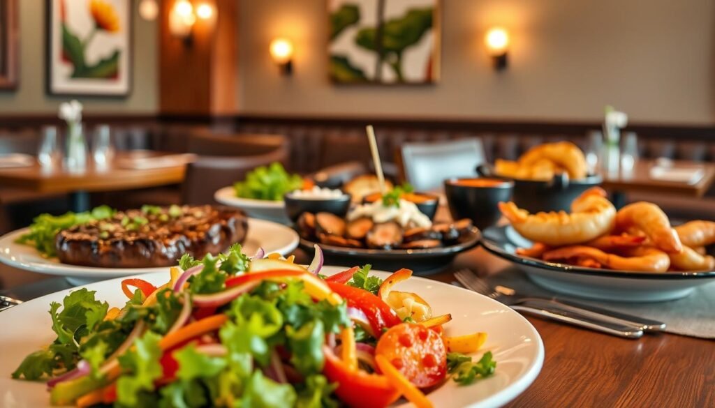 A beautifully arranged table showcasing signature dinner entree selections at Applebee's, focused on vibrant, mouth-watering dishes like a grilled sirloin steak, honey BBQ ribs, and a fresh seafood plate. In the foreground, a perfectly plated colorful salad garnished with herbs and drizzled with dressing offers a fresh contrast. The middle layer features the entrees, carefully presented with side dishes, showcasing a variety of textures, colors, and garnishes. In the background, a softly lit dining room evokes a warm, inviting atmosphere, with tasteful decorations like wooden accents and ambient lighting. The scene should capture a cozy yet upscale dining experience, emphasizing the deliciousness and appeal of the meals. Utilize soft lighting to enhance the appetizing details of the food, shot from a slightly elevated angle to provide a clear view of the entire table setting. A beautifully arranged table showcasing signature dinner entree selections at Applebee's, focused on vibrant, mouth-watering dishes like a grilled sirloin steak, honey BBQ ribs, and a fresh seafood plate. In the foreground, a perfectly plated colorful salad garnished with herbs and drizzled with dressing offers a fresh contrast. The middle layer features the entrees, carefully presented with side dishes, showcasing a variety of textures, colors, and garnishes. In the background, a softly lit dining room evokes a warm, inviting atmosphere, with tasteful decorations like wooden accents and ambient lighting. The scene should capture a cozy yet upscale dining experience, emphasizing the deliciousness and appeal of the meals. Utilize soft lighting to enhance the appetizing details of the food, shot from a slightly elevated angle to provide a clear view of the entire table setting.