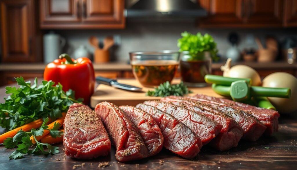 A beautifully arranged table showcasing the essential ingredients for making Texas Roadhouse Beef Tips. In the foreground, display fresh, high-quality cuts of beef, seasoned with earthy spices, alongside vibrant vegetables like bell peppers and onions. In the middle ground, include a wooden cutting board with a knife and a bowl of savory marinade, rich with herbs and spices. The background should feature a rustic kitchen setting, with warm wooden cabinets and soft, ambient lighting that creates an inviting atmosphere. The scene should evoke a sense of home-cooked warmth and flavor, emphasizing the hearty and savory nature of the dish. Aim for a slight overhead angle to capture all elements harmoniously, ensuring the colors pop and convey a delightful culinary experience. A beautifully arranged table showcasing the essential ingredients for making Texas Roadhouse Beef Tips. In the foreground, display fresh, high-quality cuts of beef, seasoned with earthy spices, alongside vibrant vegetables like bell peppers and onions. In the middle ground, include a wooden cutting board with a knife and a bowl of savory marinade, rich with herbs and spices. The background should feature a rustic kitchen setting, with warm wooden cabinets and soft, ambient lighting that creates an inviting atmosphere. The scene should evoke a sense of home-cooked warmth and flavor, emphasizing the hearty and savory nature of the dish. Aim for a slight overhead angle to capture all elements harmoniously, ensuring the colors pop and convey a delightful culinary experience.
