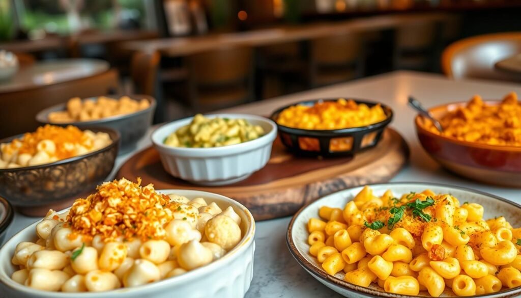 A beautifully arranged table showcasing various mac and cheese alternatives, highlighting creative twists on the classic comfort dish. In the foreground, a steaming bowl of creamy cauliflower mac and cheese, topped with crispy breadcrumbs, alongside a colorful plate of baked zucchini mac and cheese, garnished with fresh herbs. In the middle, a rustic wooden serving board featuring distinguished options like vegan mac made from cashews and a gourmet truffle mac and cheese in a polished dish. The background is softly blurred, hinting at a cozy restaurant setting with warm lighting and inviting decor, creating a relaxed and appetizing atmosphere. The image should convey a sense of discovery and indulgence, aiming to entice viewers with the idea of delicious alternatives to traditional mac and cheese.