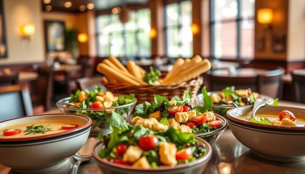 A beautifully arranged tabletop featuring Olive Garden's lunch special of unlimited soup and salad. In the foreground, display vibrant bowls of creamy soup with garnishes and a colorful array of fresh salads, bursting with greens, cherry tomatoes, and croutons. The middle ground should showcase an inviting breadstick basket, perfectly golden-brown. In the background, a softly blurred restaurant interior with warm lighting creates a cozy atmosphere, enhancing the feeling of a casual dining experience. Capture the scene from a slightly elevated angle to showcase the variety of dishes, complemented by gentle, natural light filtering through the restaurant window, evoking a welcoming mood and highlighting the fresh ingredients. No text or branding elements should be included in the image.