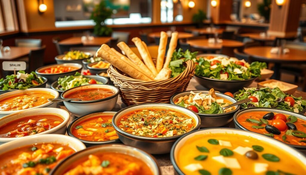 A beautifully arranged tabletop featuring an endless variety of Italian soups and salads. In the foreground, display vibrant bowls of rich, steaming soup, like minestrone and creamy tomato bisque, alongside a multitude of colorful salads with fresh greens, tomatoes, olives, and parmesan shavings. In the middle ground, a rustic wooden bread basket filled with garlic bread sticks complements the scene. The background should showcase Olive Garden’s warm, inviting restaurant ambiance, with soft golden lighting to create a cozy atmosphere. Use a shallow depth of field to focus on the dishes while slightly blurring the background, capturing the essence of an Italian dining experience. The mood should be inviting and appetizing, enticing the viewer to indulge in the delightful selection.