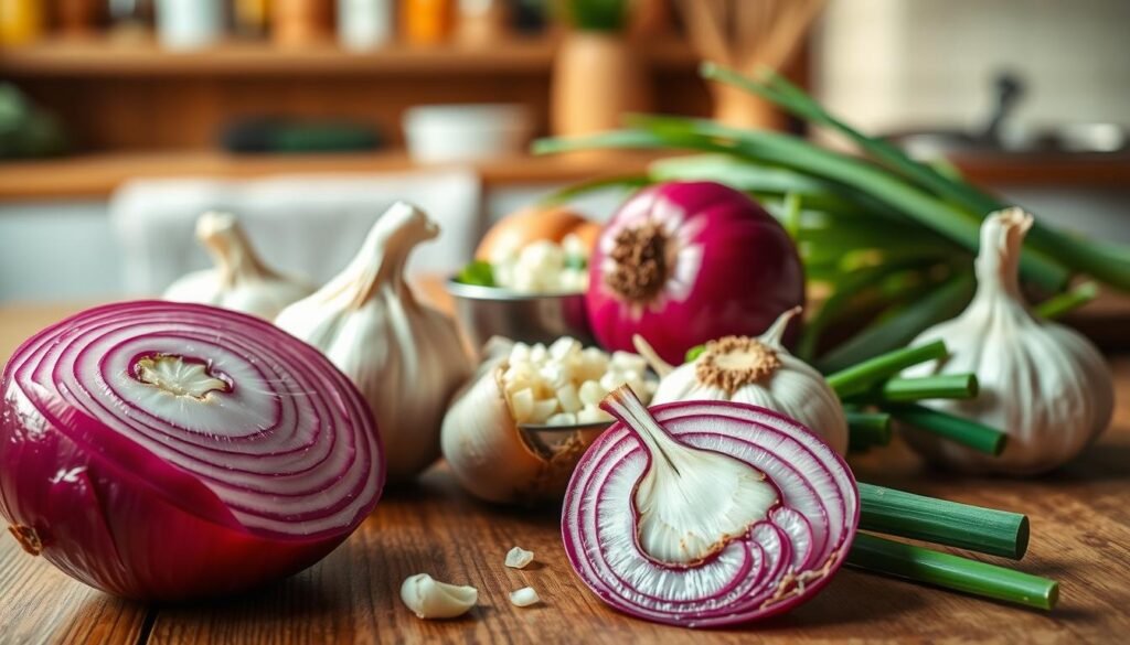 A beautifully arranged tabletop featuring fresh onion and garlic aromatics, with vivid colors that bring the ingredients to life. In the foreground, show a sliced red onion with its layers glistening, next to whole garlic bulbs with their papery skins intact. In the middle ground, include a small bowl of minced garlic and a few sprigs of chopped green onions, adding a touch of freshness. The background should be softly blurred, showcasing a rustic wooden kitchen setting with subtle hints of herbs and spices. Warm, natural lighting illuminates the scene, creating an inviting atmosphere reminiscent of a cozy kitchen. Use a shallow depth of field to emphasize the textures of the vegetables, with a close-up angle that highlights their vibrant colors. The overall mood is warm, homey, and filled with the anticipation of cooking. A beautifully arranged tabletop featuring fresh onion and garlic aromatics, with vivid colors that bring the ingredients to life. In the foreground, show a sliced red onion with its layers glistening, next to whole garlic bulbs with their papery skins intact. In the middle ground, include a small bowl of minced garlic and a few sprigs of chopped green onions, adding a touch of freshness. The background should be softly blurred, showcasing a rustic wooden kitchen setting with subtle hints of herbs and spices. Warm, natural lighting illuminates the scene, creating an inviting atmosphere reminiscent of a cozy kitchen. Use a shallow depth of field to emphasize the textures of the vegetables, with a close-up angle that highlights their vibrant colors. The overall mood is warm, homey, and filled with the anticipation of cooking.