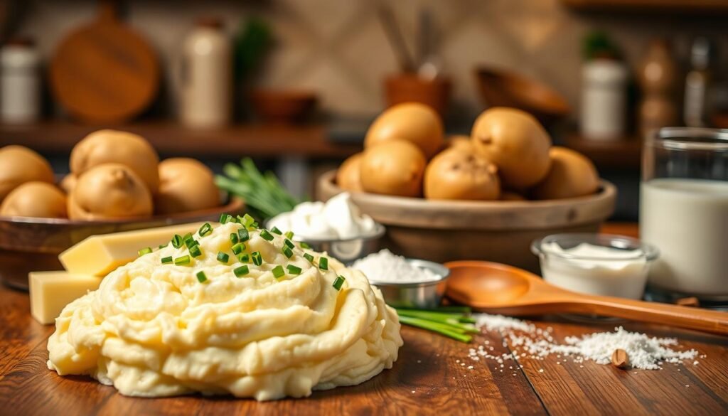 A beautifully arranged tabletop scene showcasing essential ingredients for Texas Roadhouse-style mashed potatoes. In the foreground, feature a mound of creamy, buttery mashed potatoes, garnished with freshly chopped chives. Surround the mashed potatoes with the key ingredients: a bowl of peeled, raw russet potatoes, a stick of melted butter, a small dish of sour cream, a sprinkle of garlic powder, and a glass of milk. In the middle ground, include a wooden spoon resting beside the ingredients, hinting at the preparation process. The background should be softly blurred, showcasing a rustic kitchen with warm, ambient lighting, evoking a cozy, homely atmosphere. Use a shallow depth of field for a close-up, inviting view that enhances the colors and textures, making the ingredients appear fresh and appetizing. A beautifully arranged tabletop scene showcasing essential ingredients for Texas Roadhouse-style mashed potatoes. In the foreground, feature a mound of creamy, buttery mashed potatoes, garnished with freshly chopped chives. Surround the mashed potatoes with the key ingredients: a bowl of peeled, raw russet potatoes, a stick of melted butter, a small dish of sour cream, a sprinkle of garlic powder, and a glass of milk. In the middle ground, include a wooden spoon resting beside the ingredients, hinting at the preparation process. The background should be softly blurred, showcasing a rustic kitchen with warm, ambient lighting, evoking a cozy, homely atmosphere. Use a shallow depth of field for a close-up, inviting view that enhances the colors and textures, making the ingredients appear fresh and appetizing.