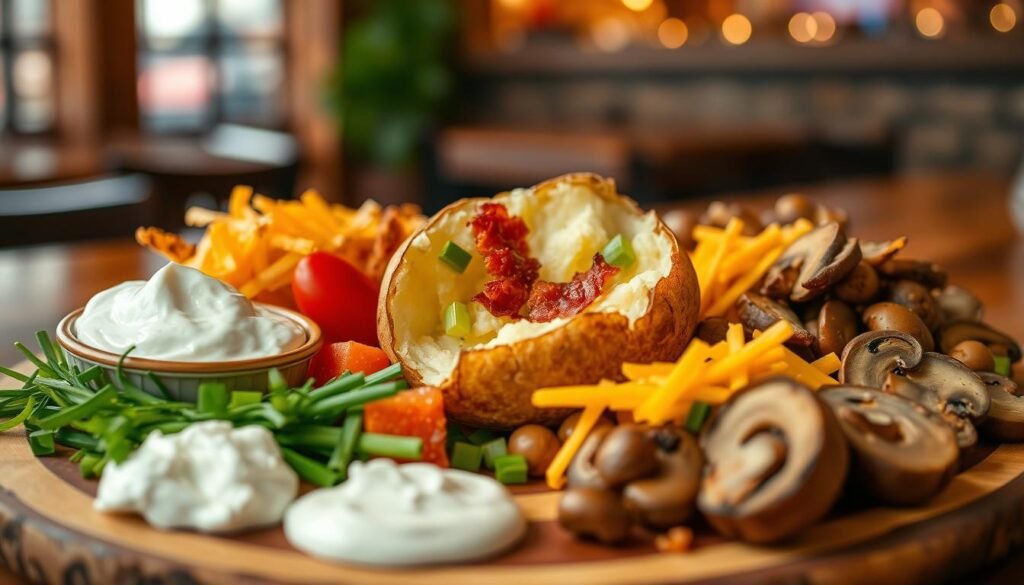 A beautifully arranged variety of baked potato toppings, presented on a rustic wooden serving board, with fresh ingredients like sour cream, chives, crispy bacon bits, melted cheddar cheese, and sautéed mushrooms as the main focus in the foreground. In the middle, a perfectly baked potato split open, showcasing its fluffy interior, surrounded by colorful vegetables such as diced tomatoes and green onions. The background features a softly blurred ambiance of a cozy Texas Roadhouse setting with warm lighting, evoking a welcoming and hearty atmosphere. Use a slightly elevated angle to capture the depth and variety of toppings, with a focus on texture and freshness that invites the viewer to enjoy creative topping ideas. A beautifully arranged variety of baked potato toppings, presented on a rustic wooden serving board, with fresh ingredients like sour cream, chives, crispy bacon bits, melted cheddar cheese, and sautéed mushrooms as the main focus in the foreground. In the middle, a perfectly baked potato split open, showcasing its fluffy interior, surrounded by colorful vegetables such as diced tomatoes and green onions. The background features a softly blurred ambiance of a cozy Texas Roadhouse setting with warm lighting, evoking a welcoming and hearty atmosphere. Use a slightly elevated angle to capture the depth and variety of toppings, with a focus on texture and freshness that invites the viewer to enjoy creative topping ideas.