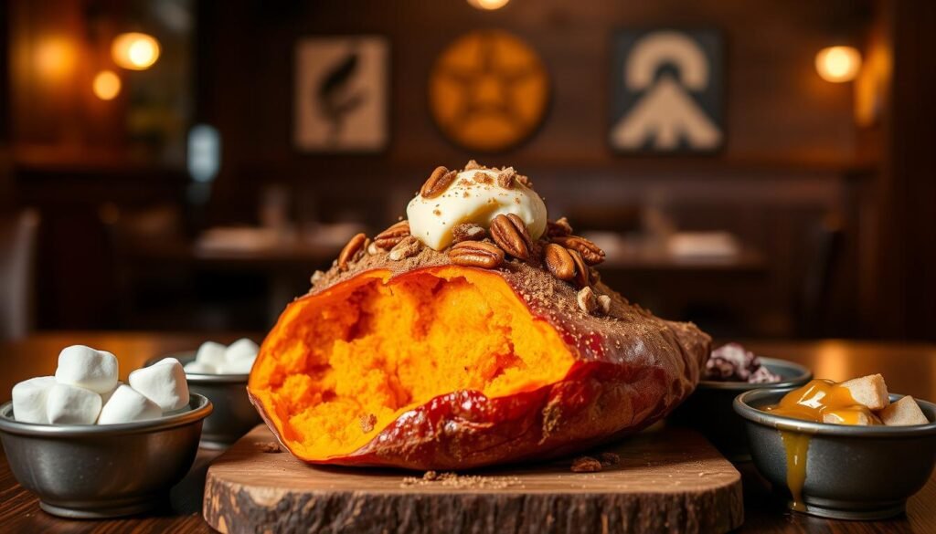 A beautifully assembled loaded sweet potato sits on a rustic wooden table, topped with a rich layer of melted butter, a generous scoop of creamy cinnamon, and a sprinkle of crunchy pecans. The sweet potato, with its orange flesh glistening under soft, warm lighting, is cut open to reveal its fluffy interior. Surrounding the sweet potato are small bowls filled with toppings like marshmallows, brown sugar, and a drizzle of maple syrup. In the background, a dimly lit ambiance suggests a cozy restaurant atmosphere, featuring blurred glimpses of wooden decor and flickering candlelight. The scene is captured at eye-level, evoking a delightful and inviting mood, perfect for showcasing the deliciousness of this Texas Roadhouse favorite.