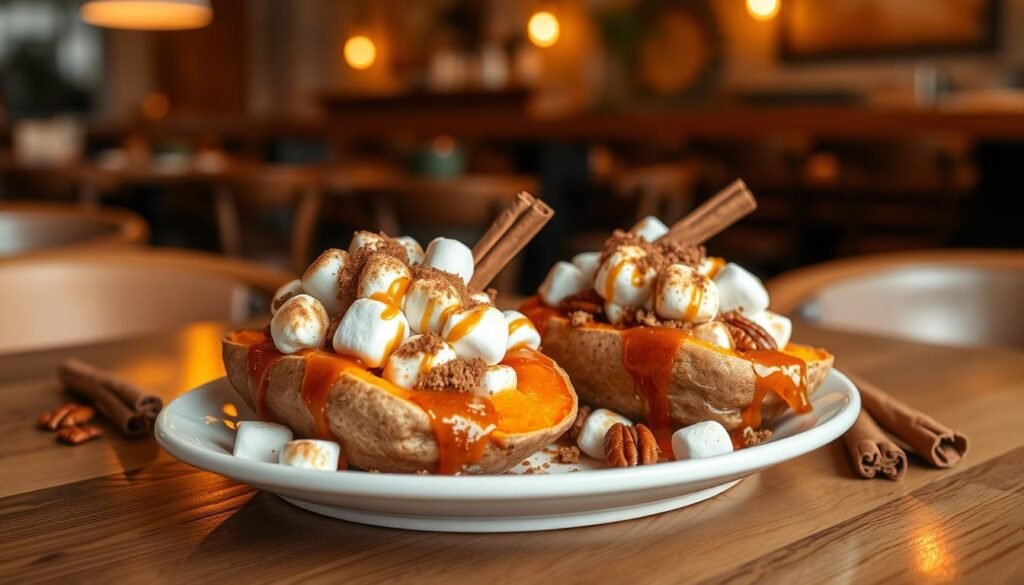 A beautifully assembled plate of loaded sweet potatoes, featuring two fluffy, golden-brown sweet potatoes split open and overflowing with melted marshmallows, cinnamon, and a drizzle of rich brown sugar sauce. In the foreground, garnished with toasted pecans and fresh cinnamon sticks for an enticing touch. The middle background showcases a warm wooden table reminiscent of a cozy restaurant ambiance, with soft, inviting lighting illuminating the dish, creating a mouth-watering glow. A subtle, blurred backdrop of rustic restaurant decor enhances the atmosphere, suggesting a homey dining experience. The entire scene evokes a feeling of warmth and satisfaction, perfect for celebrating comfort food. Aim for a high-resolution image with a shallow depth of field, focusing clearly on the sweet potatoes, capturing every detail of the toppings.