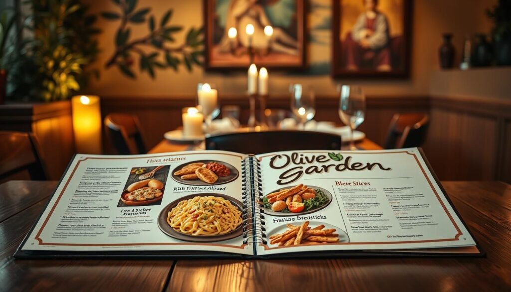 A beautifully designed Italian restaurant menu prominently featuring Olive Garden's signature dishes, such as rich fettuccine alfredo, fresh garden salads, and delicious breadsticks. The foreground showcases the open menu with vibrant photos of the dishes and elegant typography, placed on a rustic wooden table. In the middle ground, a cozy dining setup is visible with softly lit candles and wine glasses, evoking an inviting atmosphere. The background consists of warm, ambient lighting that mimics an Italian bistro, with shadowy silhouettes of olive branches and muted colorful frescoes adorning the walls. The scene conveys a relaxed, family-friendly dining experience, perfect for exploring convenient ordering options.