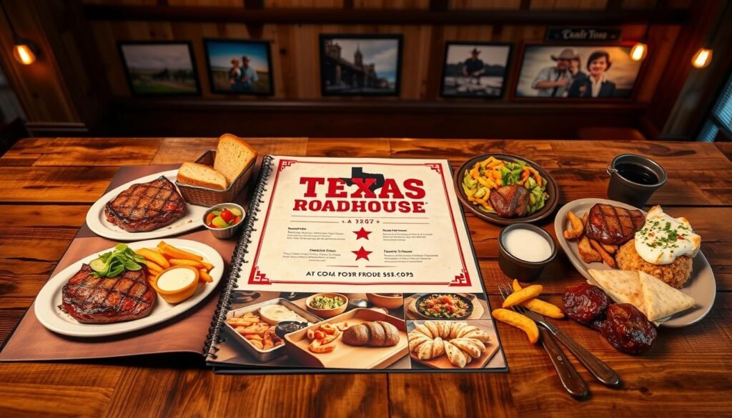 A beautifully designed menu laid out on a rustic wooden table, showcasing a variety of delicious dishes from Texas Roadhouse. The foreground features vibrant images of juicy steaks, freshly baked bread, and sides like creamy mashed potatoes and crisp salads, each plated enticingly. In the middle, a traditional Texas-themed design with cowboy motifs and warm colors complements the food offerings. The background consists of a cozy, warmly lit restaurant ambiance with wooden beams and photographs of Texas landscapes. The mood is inviting and homely, evocative of a friendly dining experience. Soft, diffused lighting enhances the colors of the food, creating a mouthwatering visual appeal. Capture this scene from a slight overhead angle to emphasize the entire menu layout while maintaining focus on the delicious offerings.