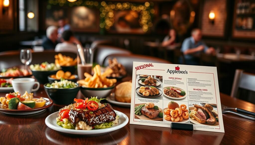 A beautifully designed seasonal specials menu, prominently featuring Applebee's logo. The foreground showcases an elegant wooden table with a vibrant array of freshly prepared dishes, including colorful appetizers and hearty entrees, all expertly arranged. In the middle ground, the seasonal menu is elegantly presented, with mouth-watering images of signature dishes like steak, shrimp, and seasonal sides, enticingly displayed. The background features a cozy restaurant ambiance with warm lighting, soft bokeh effects highlighting rustic decor, and subtly blurred diners enjoying their meals. The mood is inviting and festive, capturing the essence of limited-time offers with a sense of urgency. The perspective is slightly angled, emphasizing the menu and dishes while evoking a comfortable dining atmosphere, ideal for sharing with friends or family.