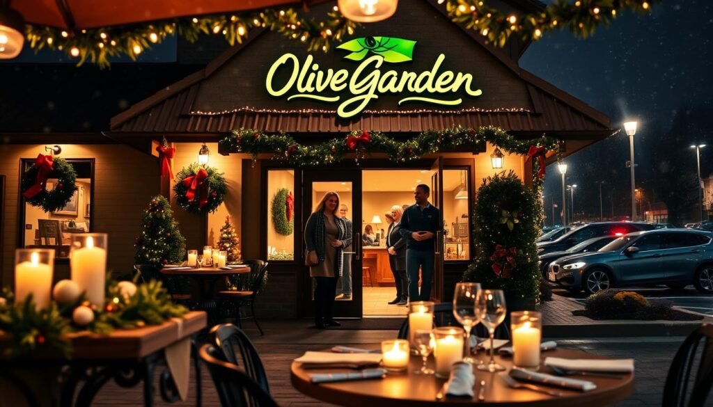 A beautifully lit Olive Garden restaurant during a festive holiday evening, showcasing an inviting exterior with twinkling lights and wreaths draped on the doors. In the foreground, a well-set outdoor dining table adorned with holiday decorations, candles flickering gently on the table. In the middle, the restaurant's warm, welcoming entrance is visible, with couples and families in modest casual attire entering, sharing smiles as they head inside. In the background, a softly illuminated parking lot filled with cars reflects the holiday spirit. The mood is cheerful and cozy, with a slight snowfall adding a magical touch. Shoot from a low angle to emphasize the festive decorations overhead, using warm lighting to create an inviting atmosphere, evoking feelings of togetherness during the holiday season.
