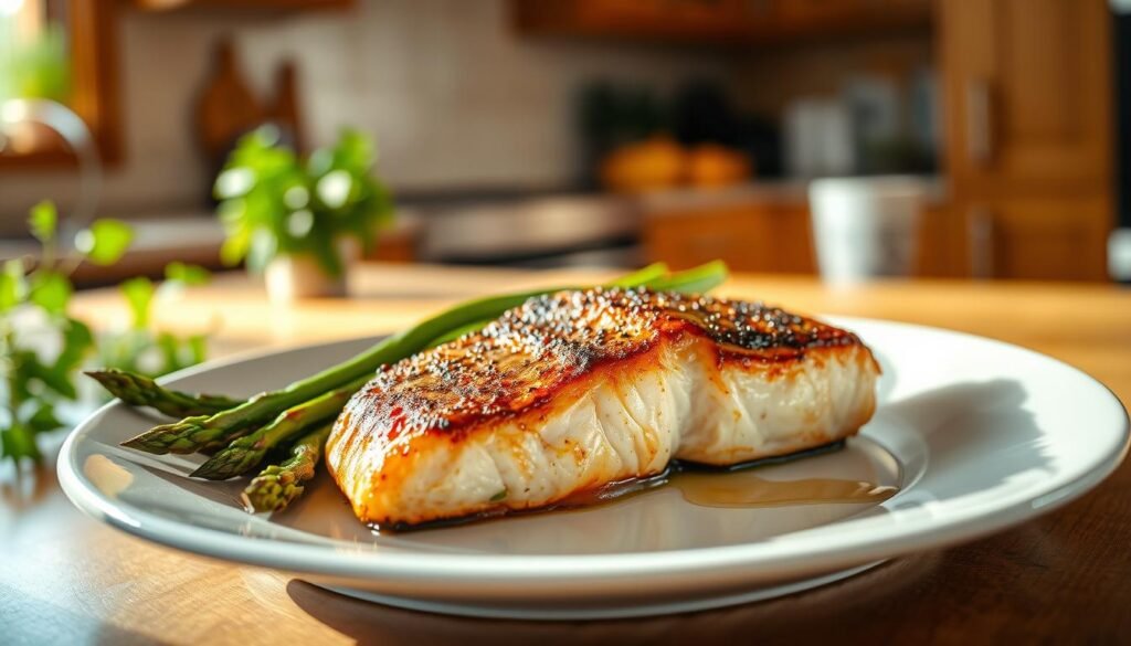 A beautifully pan-seared salmon fillet rests on an elegant white plate, its crispy, golden-brown crust glistening with a drizzle of olive oil. The salmon is accompanied by a vibrant side of asparagus spears, lightly charred to enhance their green hue. In the background, a softly blurred kitchen setting reveals warm wooden cabinetry and a hint of fresh herbs, creating a cozy atmosphere. The lighting is warm and inviting, mimicking soft afternoon sunlight streaming through a window, casting gentle shadows across the plate. The image is captured from a slight overhead angle, allowing for a clear view of the dish while offering a touch of artistic perspective, evoking a sense of culinary mastery and comfort in home cooking.