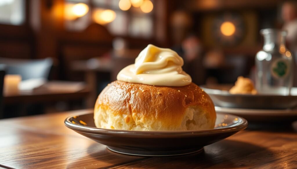 A beautifully plated Texas Roadhouse roll, golden-brown and fluffy, sits in the foreground. It is generously topped with a smooth, creamy layer of cinnamon butter, glistening under warm, soft lighting that highlights the texture and color. The roll is nestled on a rustic wooden table with a warm, inviting atmosphere. In the background, subtle hints of a cozy restaurant setting can be seen, softly blurred to maintain focus on the roll. The composition is shot from a slightly elevated angle, emphasizing the delicious mound of cinnamon butter melting atop the roll, creating a tantalizing visual that evokes comfort and indulgence. No text or branding present. A beautifully plated Texas Roadhouse roll, golden-brown and fluffy, sits in the foreground. It is generously topped with a smooth, creamy layer of cinnamon butter, glistening under warm, soft lighting that highlights the texture and color. The roll is nestled on a rustic wooden table with a warm, inviting atmosphere. In the background, subtle hints of a cozy restaurant setting can be seen, softly blurred to maintain focus on the roll. The composition is shot from a slightly elevated angle, emphasizing the delicious mound of cinnamon butter melting atop the roll, creating a tantalizing visual that evokes comfort and indulgence. No text or branding present.