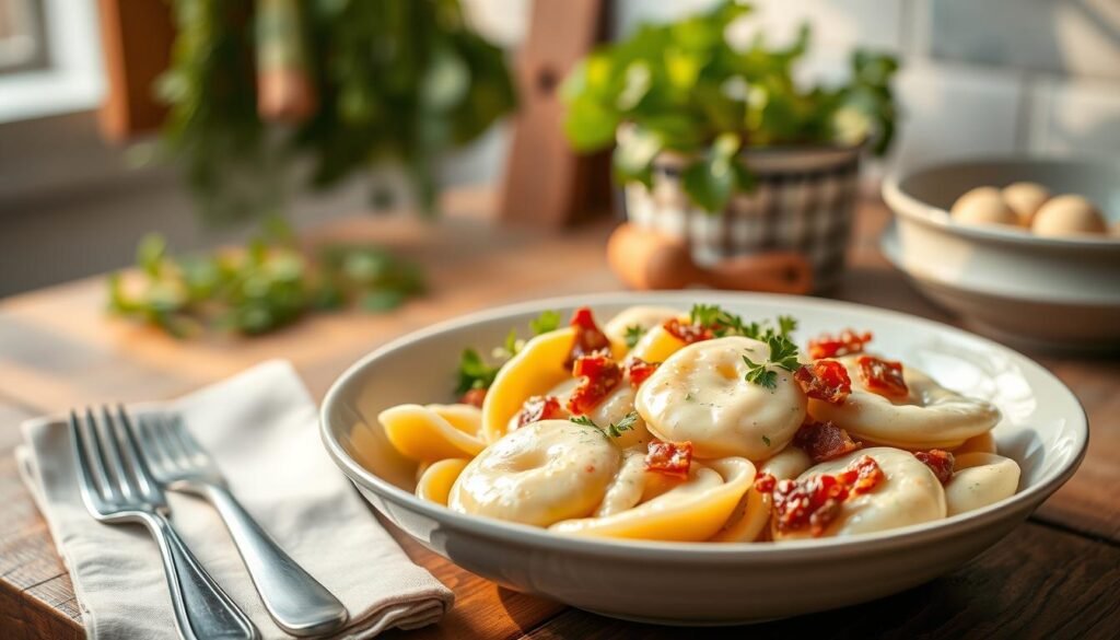 A beautifully plated bowl of garden ravioli carbonara, showcasing plump, cheese-filled ravioli adorned with a creamy carbonara sauce, highlighting crispy pancetta pieces and a sprinkle of fresh parsley. In the foreground, focus on the ravioli, emphasizing the luscious texture of the sauce glistening in soft evening light. The middle ground features a rustic wooden table setting with a light linen napkin and a fork elegantly placed beside the bowl. In the background, softly blurred, add hints of a warm, inviting kitchen ambiance with hanging herbs and a hint of green plants to evoke a cozy and creative cooking atmosphere. Capture the scene with a shallow depth of field to focus on the dish, using natural lighting for a warm, inviting effect that enhances the comfort and creativity of this delicious variation.