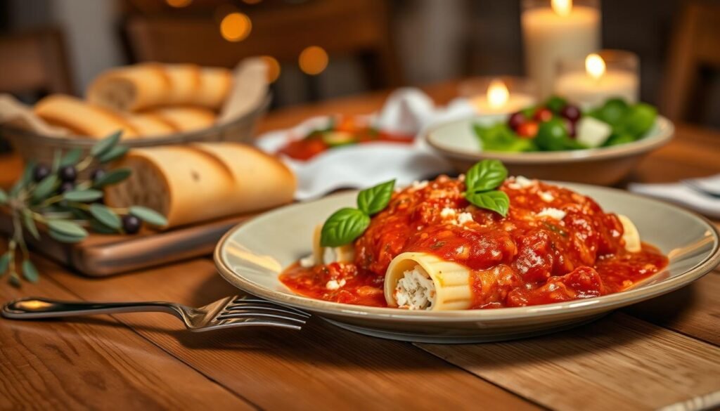A beautifully plated dish of Olive Garden manicotti takes center stage, showcasing the pasta stuffed with creamy ricotta cheese and smothered in rich marinara sauce, garnished with fresh basil leaves. In the foreground, a decorative fork rests beside the dish, hinting at the enjoying experience. The middle layer features a rustic wooden table adorned with additional serving suggestions, including garlic bread and a vibrant garden salad, enhancing the tactile feel of a cozy Italian restaurant. The background features softly blurred warm lighting, reminiscent of an intimate dining atmosphere, and hints of olive branches and candlelight to evoke a romantic Italian vibe. Shot from a slightly elevated angle to highlight the texture and details of the pasta, the image captures a warm, inviting mood, perfect for an Italian culinary theme.