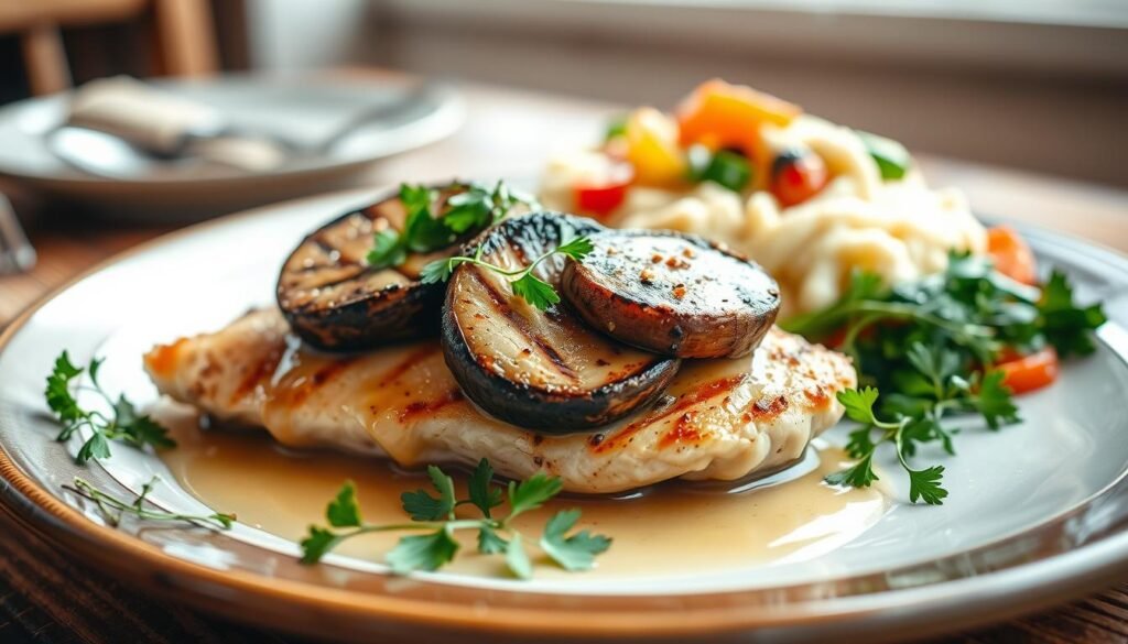 A beautifully plated dish of Portobello Mushroom Chicken takes center stage, showcasing a tender chicken breast topped with large, grilled portobello mushrooms, glistening with a light garlic butter sauce. In the foreground, fresh herbs, like parsley and thyme, are elegantly sprinkled around the plate, adding vibrant green accents. The middle ground features a side of creamy mashed potatoes and seasonal sautéed vegetables, creating a colorful contrast. The background is softly blurred, with a rustic wooden table setting, evoking a warm and inviting atmosphere. Natural light from a nearby window casts a soft glow, enhancing the appetizing details of the dish. The image conveys a cozy, home-cooked feel, perfect for highlighting essential ingredients in a comforting recipe.