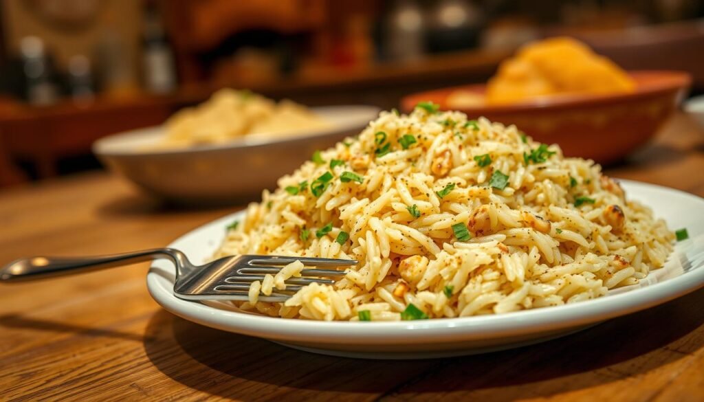 A beautifully plated dish of Texas Roadhouse seasoned rice, showcasing fluffy, perfectly toasted grains shimmering with a golden hue. The rice is garnished with vibrant green herbs and subtle spices, giving it a mouthwatering appeal. In the foreground, a fork rests playfully beside the dish, hinting at the deliciousness waiting to be tasted. The middle ground captures a rustic wooden table setting, suggesting a homely yet inviting atmosphere. In the background, soft, warm lighting casts a cozy glow, with blurred hints of a Texas kitchen to evoke a sense of authenticity. The image should embody a warm, inviting mood, drawing the viewer into the experience of creating and savoring this delightful meal. A beautifully plated dish of Texas Roadhouse seasoned rice, showcasing fluffy, perfectly toasted grains shimmering with a golden hue. The rice is garnished with vibrant green herbs and subtle spices, giving it a mouthwatering appeal. In the foreground, a fork rests playfully beside the dish, hinting at the deliciousness waiting to be tasted. The middle ground captures a rustic wooden table setting, suggesting a homely yet inviting atmosphere. In the background, soft, warm lighting casts a cozy glow, with blurred hints of a Texas kitchen to evoke a sense of authenticity. The image should embody a warm, inviting mood, drawing the viewer into the experience of creating and savoring this delightful meal.