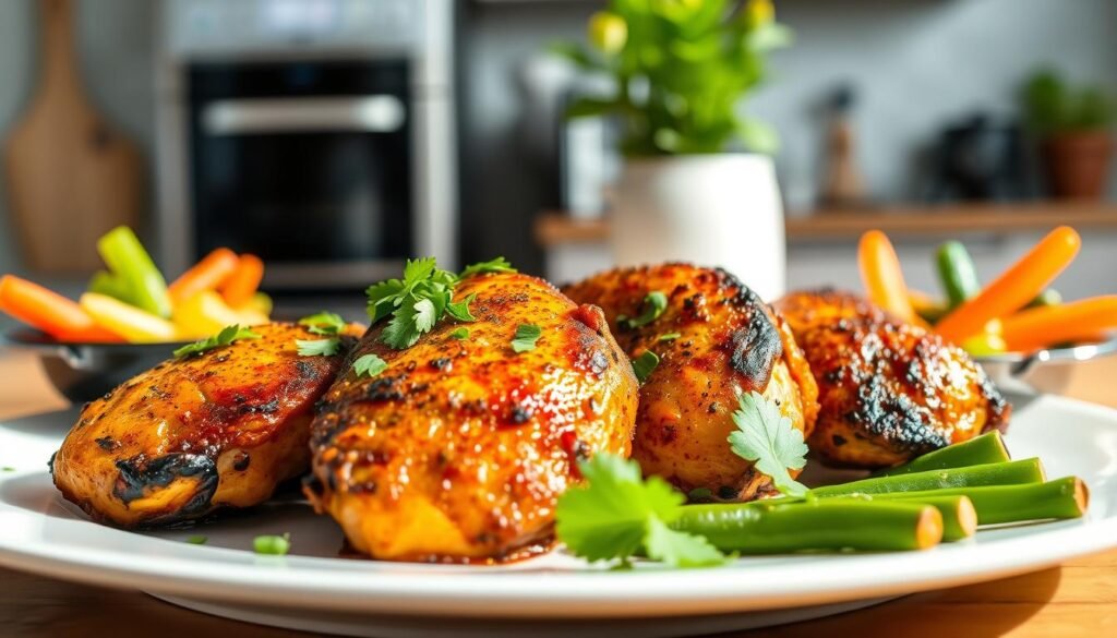 A beautifully plated dish of air fryer blackened chicken, with a crispy, charred outer layer showcasing rich spices. The chicken is garnished with vibrant green herbs and served alongside a small bowl of fresh, colorful vegetables such as bell peppers, carrots, and green beans. In the foreground, the succulent chicken appears glistening under soft, natural light, emphasizing its juicy texture. The background features a stylish kitchen with modern appliances and a hint of greenery from a potted plant, suggesting a healthy cooking environment. A warm, inviting atmosphere pervades the scene, with a shallow depth of field focusing on the chicken while the kitchen subtly blends into a blurred ambiance, enhancing the dish’s appeal as a healthy alternative cooking method. A beautifully plated dish of air fryer blackened chicken, with a crispy, charred outer layer showcasing rich spices. The chicken is garnished with vibrant green herbs and served alongside a small bowl of fresh, colorful vegetables such as bell peppers, carrots, and green beans. In the foreground, the succulent chicken appears glistening under soft, natural light, emphasizing its juicy texture. The background features a stylish kitchen with modern appliances and a hint of greenery from a potted plant, suggesting a healthy cooking environment. A warm, inviting atmosphere pervades the scene, with a shallow depth of field focusing on the chicken while the kitchen subtly blends into a blurred ambiance, enhancing the dish’s appeal as a healthy alternative cooking method.