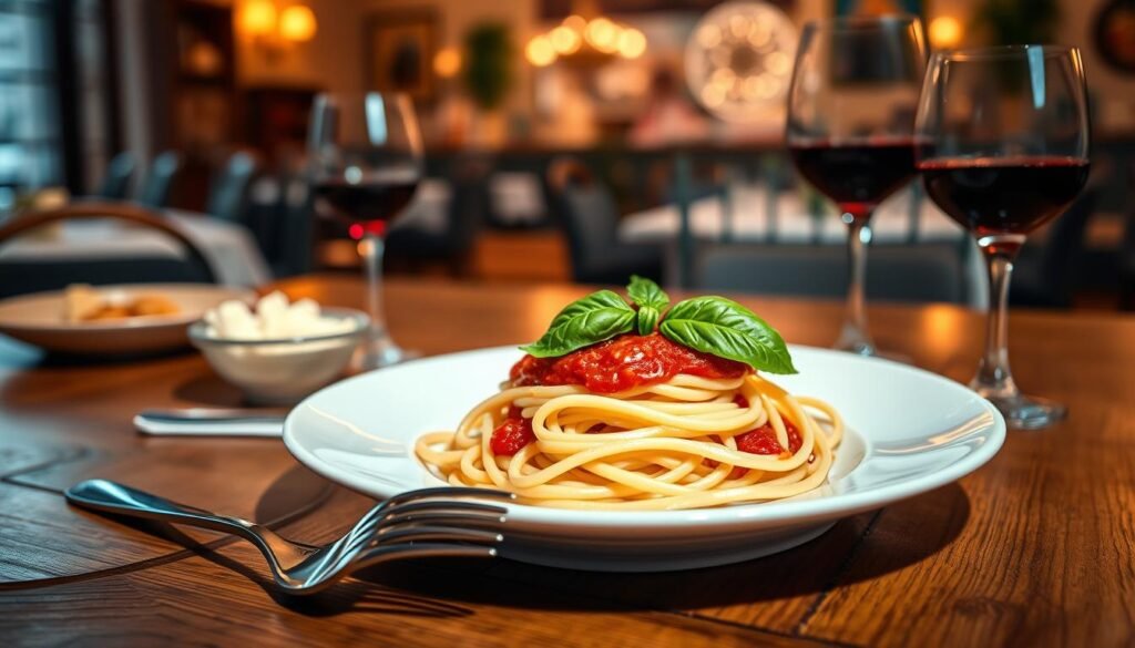 A beautifully plated dish of angel hair pasta, delicately twirled into an elegant nest, topped with a rich, homemade marinara sauce glistening in the light. Fresh basil leaves are scattered artfully around the pasta, providing a vibrant green contrast. In the foreground, a fork rests beside the dish, with a strand of pasta coiled around its prongs. In the middle, a rustic wooden table adds warmth to the scene, adorned with a small bowl of grated Parmesan cheese and a glass of red wine reflecting the soft ambient light. The background features a softly blurred view of an Italian restaurant setting, with warm, inviting colors and gentle candlelight, creating a cozy and intimate atmosphere that evokes the charm of authentic Italian dining.