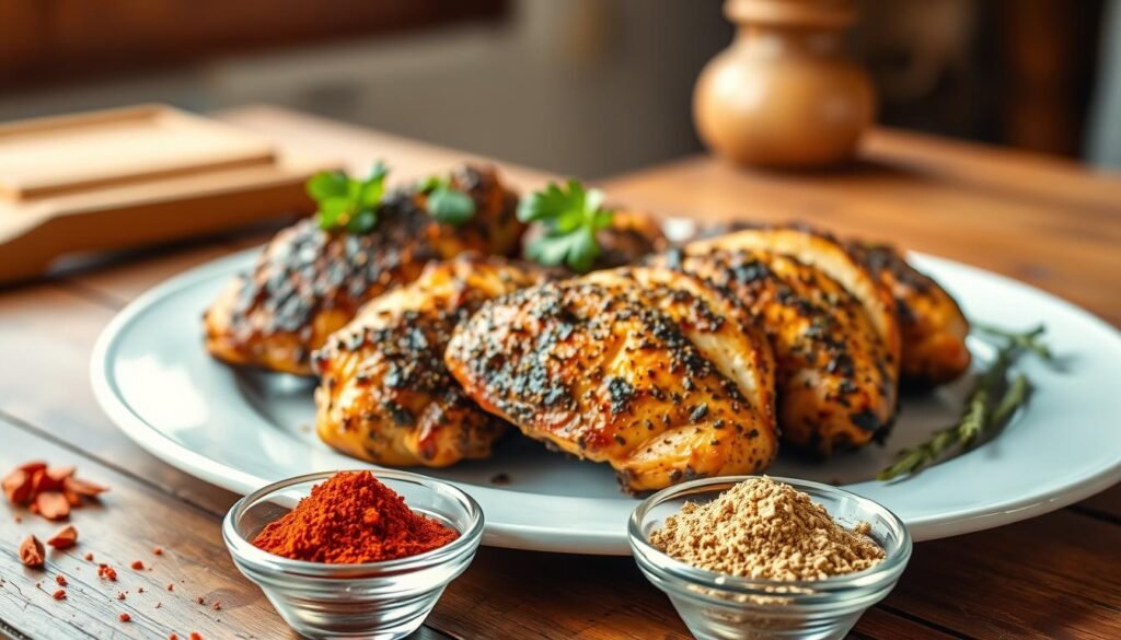 A beautifully plated dish of blackened chicken, showcasing a perfectly seared, spice-crusted exterior with a crisp texture and rich, dark char. The chicken is garnished with fresh herbs, such as parsley and thyme, adding a pop of vibrant green. In the foreground, an array of vibrant spices—paprika, cayenne pepper, garlic powder, and onion powder—are artistically scattered around the plate in small bowls, emphasizing the essential ingredients for a spice blend. The background features a rustic wooden table, warmly lit by soft, natural light filtering through a nearby window, creating a cozy and inviting atmosphere. Capture this scene from a slightly elevated angle, focusing on the mouth-watering details of the chicken and spices, evoking a sense of culinary excitement and warmth. A beautifully plated dish of blackened chicken, showcasing a perfectly seared, spice-crusted exterior with a crisp texture and rich, dark char. The chicken is garnished with fresh herbs, such as parsley and thyme, adding a pop of vibrant green. In the foreground, an array of vibrant spices—paprika, cayenne pepper, garlic powder, and onion powder—are artistically scattered around the plate in small bowls, emphasizing the essential ingredients for a spice blend. The background features a rustic wooden table, warmly lit by soft, natural light filtering through a nearby window, creating a cozy and inviting atmosphere. Capture this scene from a slightly elevated angle, focusing on the mouth-watering details of the chicken and spices, evoking a sense of culinary excitement and warmth.