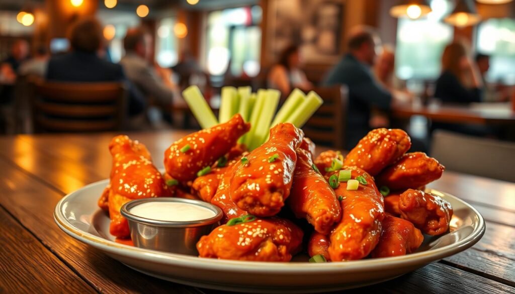 A beautifully plated dish of boneless wings sits on a rustic wooden table in a warm, inviting restaurant setting. The wings are generously coated in a glossy, spicy buffalo sauce, with hints of sesame seeds and chopped green onions for garnish, creating a mouth-watering visual appeal. In the foreground, a close-up shot highlights the juicy texture and glistening sauce of the wings. In the middle ground, you can see a small bowl of ranch dressing and celery sticks, enhancing the appetizing presentation. The background features soft, ambient lighting with blurred outlines of restaurant patrons enjoying their meals, captured from a slightly elevated angle to give a cozy, bustling atmosphere. The mood is cheerful and inviting, perfect for encouraging customers to savor their experience.