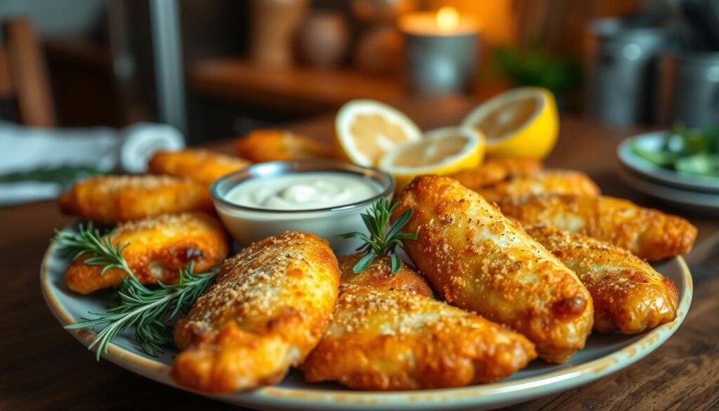 A beautifully plated dish of crispy, golden-brown chicken tenderloins, arranged artfully on a rustic wooden table. In the foreground, the tenderloins glisten with a light coating of seasoning and surrounded by fresh herbs like sprigs of rosemary and parsley. The middle ground features a bowl of homemade dipping sauce, ready to complement the tenders, with sliced lemons adding a pop of color. In the background, soft, warm lighting creates a cozy ambiance, hinting at a welcoming kitchen setting. The focus is sharp on the tenderloins, showcasing their juicy texture, while a slight blur fades the background elements. The overall mood is inviting and homey, evoking the pleasure of preparing a delicious meal.