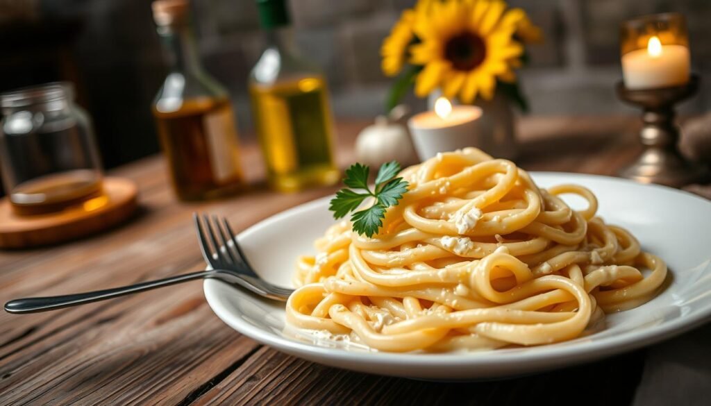 A beautifully plated dish of fettuccine alfredo sits elegantly on a rustic wooden table, with creamy, rich sauce enveloping perfectly cooked pasta. Fresh parsley lightly garnishes the top, adding a vibrant touch of green. In the foreground, a fork rests beside the plate, ready to indulge. Soft, warm overhead lighting enhances the creamy texture of the sauce, creating a cozy and inviting atmosphere. In the middle background, an Italian-themed dining setting is subtly visible, with soft-focus elements like a bottle of olive oil, a small vase of sunflowers, and a flickering candle, enhancing the dining ambiance. The scene is captured from a slightly elevated angle, inviting viewers to savor the dish's delicious appeal, evoking the comforting experience of enjoying signature Italian cuisine.