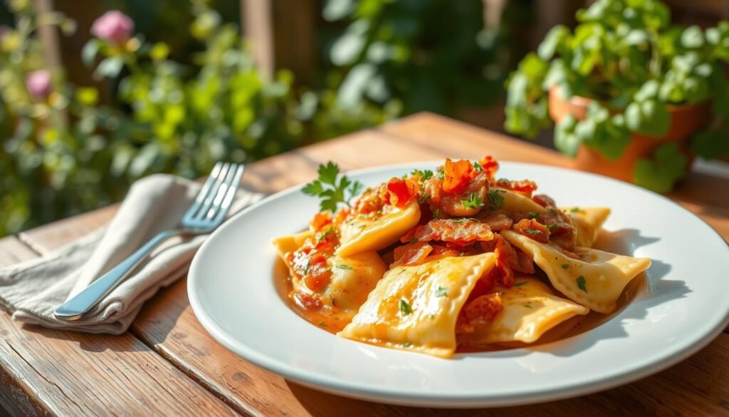 A beautifully plated dish of garden ravioli carbonara sits at the forefront, showcasing vibrant triangular pasta filled with creamy ricotta, drizzled in a rich, glossy carbonara sauce. The delicate crispy pancetta, golden and inviting, is sprinkled artfully over the ravioli, while a sprinkle of fresh parsley adds a pop of green. In the middle ground, a rustic wooden table is adorned with a rustic linen napkin and a fork, suggesting a casual yet elegant dining experience. The background features soft-focus greenery from an outdoor garden, enhancing the freshness of the meal. Bright, natural lighting illuminates the scene, casting soft shadows and creating a warm, inviting atmosphere. The image conveys a sense of home-cooked comfort and culinary delight, perfect for a complete meal experience.