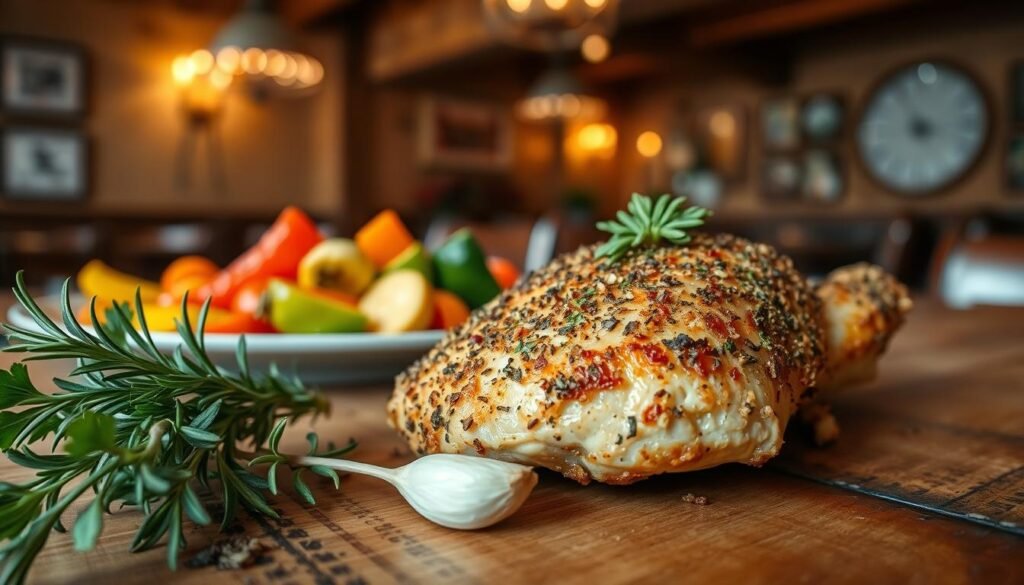 A beautifully plated dish of herb-crusted chicken, garnished with fresh parsley and rosemary, sits on a rustic wooden table. The chicken features a golden-brown, crispy crust covered in a blend of herbs, showcasing intricate textures. In the foreground, a sprig of rosemary and a garlic clove are artfully placed beside the chicken. The middle ground reveals a vibrant medley of roasted seasonal vegetables—bright bell peppers, zucchini, and carrots—juxtaposed against the chicken. In the background, softly blurred, a warm, inviting atmosphere reminiscent of a cozy Texas roadhouse, complete with rustic wooden beams and soft, ambient lighting that enhances the rich colors of the dish. The overall mood is inviting and mouth-watering, perfect for food enthusiasts looking to customize their chicken with bold new flavors. A beautifully plated dish of herb-crusted chicken, garnished with fresh parsley and rosemary, sits on a rustic wooden table. The chicken features a golden-brown, crispy crust covered in a blend of herbs, showcasing intricate textures. In the foreground, a sprig of rosemary and a garlic clove are artfully placed beside the chicken. The middle ground reveals a vibrant medley of roasted seasonal vegetables—bright bell peppers, zucchini, and carrots—juxtaposed against the chicken. In the background, softly blurred, a warm, inviting atmosphere reminiscent of a cozy Texas roadhouse, complete with rustic wooden beams and soft, ambient lighting that enhances the rich colors of the dish. The overall mood is inviting and mouth-watering, perfect for food enthusiasts looking to customize their chicken with bold new flavors.
