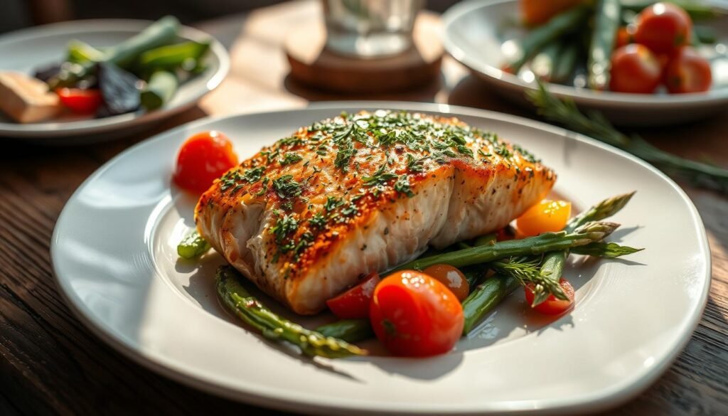 A beautifully plated dish of herb grilled salmon takes center stage, showcasing a perfectly cooked fillet with a golden-brown crust adorned with a mix of fresh green herbs like parsley and dill. The salmon is glistening, surrounded by vibrant, sautéed seasonal vegetables, such as asparagus and cherry tomatoes, that bring a pop of color. In the background, a soft-focus rustic wooden table complements the inviting atmosphere. Natural lighting streams in from a nearby window, casting delicate shadows and enhancing the texture of the food. The image is captured from a slightly elevated angle, inviting viewers to appreciate the dish's artistry, while evoking a warm and appetizing feeling perfect for an elegant dining experience.