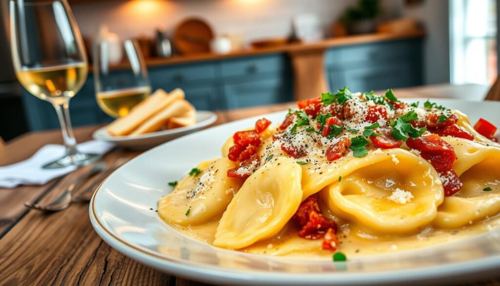 A beautifully plated dish of ravioli carbonara, featuring large, stuffed pasta parcels filled with creamy ricotta, adorned with a luscious, velvety carbonara sauce made from eggs, parmesan cheese, and crispy pancetta. In the foreground, the ravioli is drizzled with a sprinkle of freshly cracked black pepper and chopped parsley, enhancing the vibrant colors. The middle ground shows the dish sitting on a rustic wooden table, accompanied by a glass of white wine and a small plate of garlic bread. In the background, softly blurred, is a cozy Italian kitchen with minimalistic decor and gentle, warm lighting that creates an inviting, homely atmosphere. The angle captures the dish from above, emphasizing the textures of the sauce and pasta while conveying a mood of culinary delight and comfort.