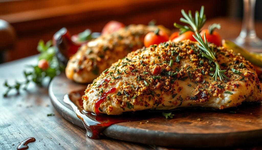 A beautifully plated herb crusted chicken breast, golden-brown and crispy on the outside, showcasing a fragrant blend of parsley, thyme, and rosemary. The chicken is garnished with fresh herbs and served on a rustic wooden table. In the foreground, a drizzle of balsamic reduction adds a touch of elegance, while roasted vegetables with vibrant colors accompany the dish in the middle ground. The background features soft-focus warm lighting, evoking a cozy dining atmosphere typical of Texas Roadhouse. The scene is captured from a slightly elevated angle, emphasizing the textures of the chicken and the vibrant presentation of the meal, highlighting the culinary artistry of herb seasoning. The overall mood is inviting and appetizing, perfect for food enthusiasts.