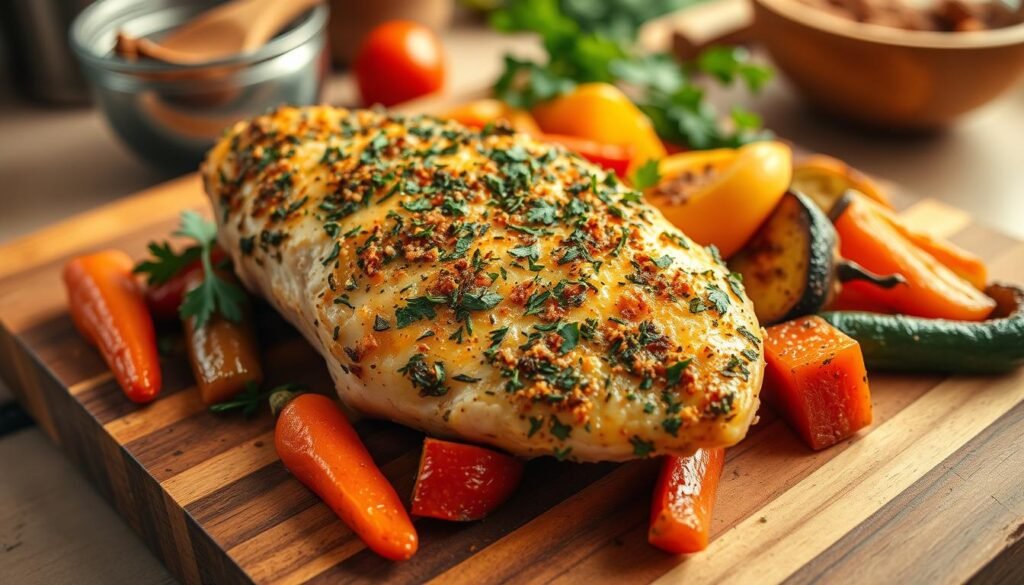 A beautifully plated herb-crusted chicken breast, perfectly golden and crispy, garnished with a vibrant mix of fresh herbs like parsley, thyme, and rosemary. The chicken rests on a rustic wooden cutting board, surrounded by colorful roasted vegetables such as carrots, bell peppers, and zucchini, showcasing a variety of textures and colors. Soft, warm lighting enhances the inviting nature of the dish while casting gentle shadows that highlight the chicken's crispy skin. In the background, a blurred kitchen setting suggests a home-cooked feel, with hints of cooking utensils and ingredients creatively arranged. The angle is a slightly elevated overhead view, emphasizing the deliciousness of the meal while creating an atmosphere of warmth and comfort, perfect for conveying the essence of a hearty, wholesome dinner. A beautifully plated herb-crusted chicken breast, perfectly golden and crispy, garnished with a vibrant mix of fresh herbs like parsley, thyme, and rosemary. The chicken rests on a rustic wooden cutting board, surrounded by colorful roasted vegetables such as carrots, bell peppers, and zucchini, showcasing a variety of textures and colors. Soft, warm lighting enhances the inviting nature of the dish while casting gentle shadows that highlight the chicken's crispy skin. In the background, a blurred kitchen setting suggests a home-cooked feel, with hints of cooking utensils and ingredients creatively arranged. The angle is a slightly elevated overhead view, emphasizing the deliciousness of the meal while creating an atmosphere of warmth and comfort, perfect for conveying the essence of a hearty, wholesome dinner.