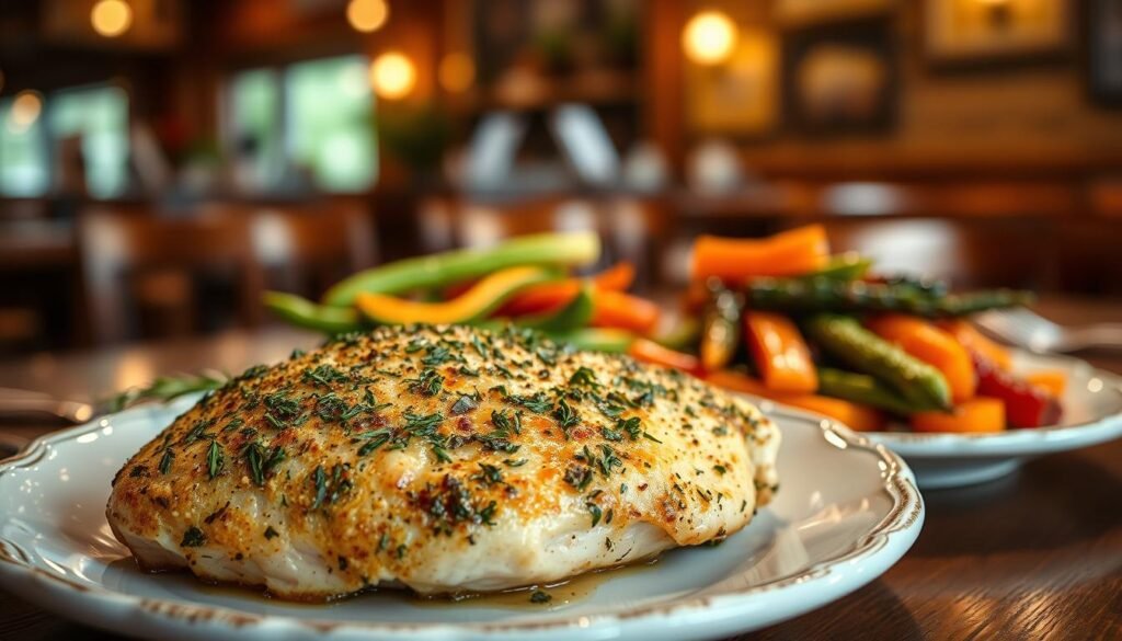 A beautifully plated herb-crusted chicken breast sits in the foreground, its golden-brown crust glistening with fresh herbs like parsley, rosemary, and thyme. In the middle ground, a side of vibrant, roasted seasonal vegetables, such as carrots, asparagus, and bell peppers, adds color and healthfulness. The background features a rustic wooden table setting with warm, ambient lighting that enhances the comforting atmosphere of a cozy restaurant. The shot is taken from a slightly elevated angle, capturing the textures of the chicken and sides, while soft-focus highlights the inviting environment. Overall, the mood is warm and inviting, perfect for a hearty meal at a family-friendly establishment.