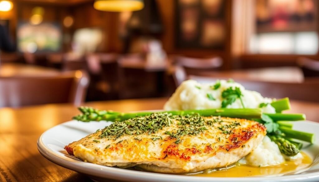 A beautifully plated herb crusted chicken breast sits in the foreground, perfectly golden-brown and garnished with fresh herbs like rosemary and thyme. The chicken is served with a side of vibrant green asparagus and mashed potatoes adorned with a sprinkle of parsley. In the middle ground, a rustic wooden table enhances the warmth of the dish, reflecting the cozy atmosphere of a Texas Roadhouse restaurant. Soft, warm lighting creates an inviting glow, emphasizing the succulent textures of the food. The background features blurred elements of a casual dining environment, with hints of checkered tablecloths and wooden accents. The overall mood is hearty and welcoming, perfectly encapsulating the essence of southern comfort food.
