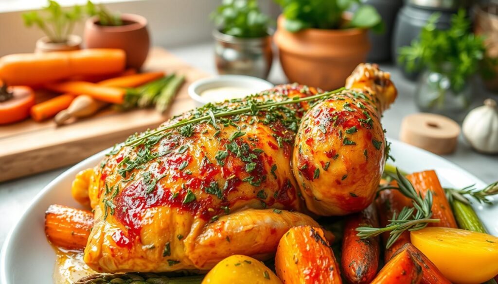 A beautifully plated herb-crusted chicken, showcasing a golden-brown, crispy exterior adorned with a vibrant mix of finely chopped parsley, rosemary, and thyme. In the foreground, highlights of the chicken's juicy texture glisten under soft, warm lighting, creating an inviting look. Surrounding the chicken, colorful seasonal vegetables like roasted carrots and asparagus add visual appeal. The middle ground features an elegant wooden serving board adorned with sprigs of fresh herbs and a small dish of garlic butter. The background subtly displays a rustic kitchen setting, with soft-focus elements like herbs in pots and a hint of a wooden countertop, adding depth. The atmosphere is warm and homey, evoking a sense of comfort and culinary delight, perfect for showcasing an essential dish.