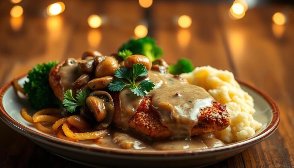 A beautifully plated serving of Texas Roadhouse smothered chicken takes center stage, showcasing a juicy, grilled chicken breast generously drizzled with a rich, creamy gravy, adorned with sautéed mushrooms and caramelized onions. The foreground features a portion of golden, crispy mashed potatoes garnished with a sprig of parsley, adding a touch of color and freshness. In the middle, a scattering of vibrant green steamed broccoli complements the dish, enhancing its appetizing appeal. The background subtly hints at a rustic wooden table with a warm, inviting glow from overhead string lights, creating a cozy, Southern-style ambiance. Soft, natural lighting highlights the textures of the food, while a slightly angled overhead perspective captures the dish's enticing details, evoking a sense of comfort and indulgence. A beautifully plated serving of Texas Roadhouse smothered chicken takes center stage, showcasing a juicy, grilled chicken breast generously drizzled with a rich, creamy gravy, adorned with sautéed mushrooms and caramelized onions. The foreground features a portion of golden, crispy mashed potatoes garnished with a sprig of parsley, adding a touch of color and freshness. In the middle, a scattering of vibrant green steamed broccoli complements the dish, enhancing its appetizing appeal. The background subtly hints at a rustic wooden table with a warm, inviting glow from overhead string lights, creating a cozy, Southern-style ambiance. Soft, natural lighting highlights the textures of the food, while a slightly angled overhead perspective captures the dish's enticing details, evoking a sense of comfort and indulgence.