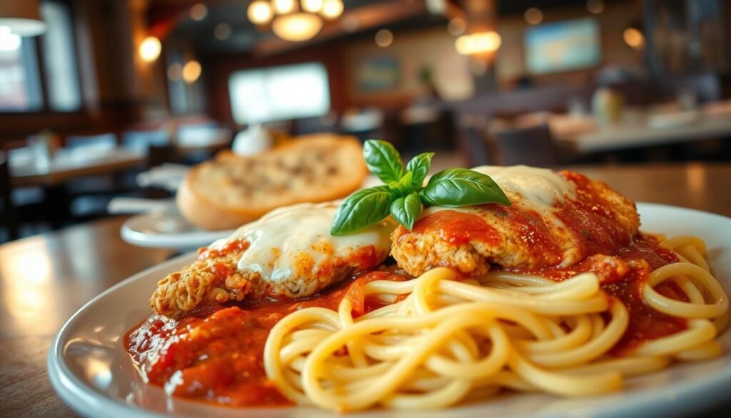 A beautifully plated serving of chicken parmesan fettuccine sits in the foreground, showcasing tender fettuccine noodles draped in a rich marinara sauce. The chicken is perfectly breaded and golden brown, topped with melted mozzarella cheese that stretches invitingly. Fresh basil leaves garnish the dish, adding a pop of vibrant green. In the middle ground, a complimentary side of garlic bread appears, lightly toasted and dusted with parsley. The background features a softly blurred, warm-lit ambiance of an Applebee's restaurant with wooden tables and cozy lighting, creating a welcoming atmosphere. The scene captures the essence of comfort food with a focus on textures and colors, evoking a sense of indulgence. The image is taken from a slight overhead angle to emphasize the delicious details of the dish. A beautifully plated serving of chicken parmesan fettuccine sits in the foreground, showcasing tender fettuccine noodles draped in a rich marinara sauce. The chicken is perfectly breaded and golden brown, topped with melted mozzarella cheese that stretches invitingly. Fresh basil leaves garnish the dish, adding a pop of vibrant green. In the middle ground, a complimentary side of garlic bread appears, lightly toasted and dusted with parsley. The background features a softly blurred, warm-lit ambiance of an Applebee's restaurant with wooden tables and cozy lighting, creating a welcoming atmosphere. The scene captures the essence of comfort food with a focus on textures and colors, evoking a sense of indulgence. The image is taken from a slight overhead angle to emphasize the delicious details of the dish.