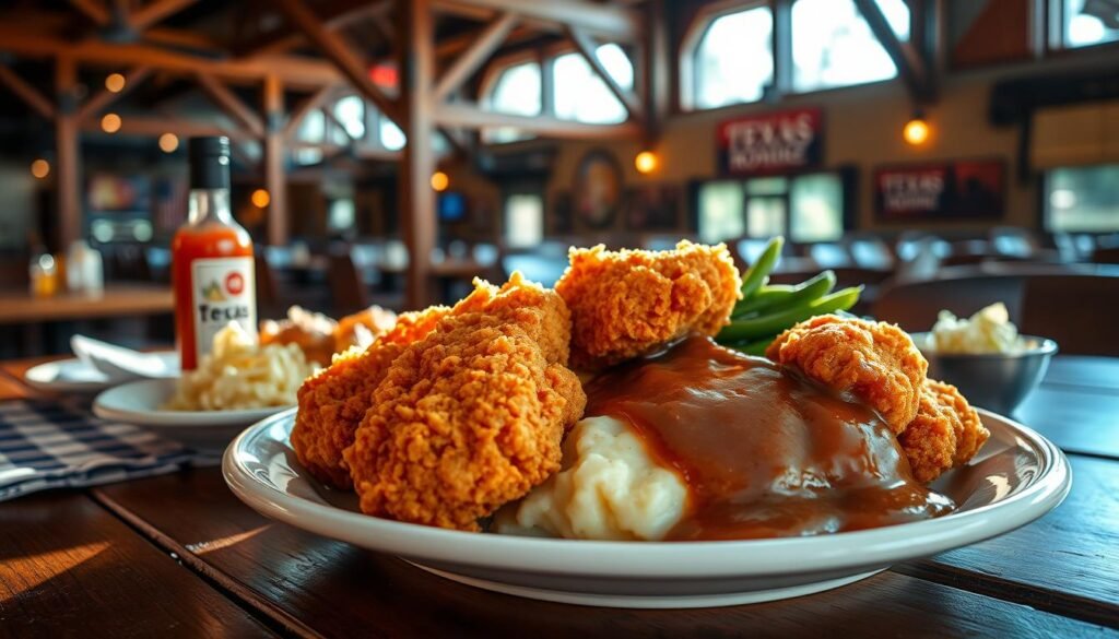 A beautifully plated serving of country fried chicken takes center stage, with crispy golden-brown pieces glistening under soft natural light, creating a warm and inviting atmosphere. In the foreground, the chicken is arranged artfully beside creamy mashed potatoes topped with a rich brown gravy, and crisp green beans, all presented on a rustic wooden table that enhances the homey feel of a classic Southern meal. In the middle ground, a checked tablecloth provides a touch of texture, while a bottle of hot sauce and a small bowl of coleslaw sit nearby, adding color and contrast. The background features a cozy restaurant setting with wooden beams and warm lighting, evoking the charm and comfort of Texas Roadhouse. The scene is inviting, emphasizing the satisfaction of a wholesome dining experience. A beautifully plated serving of country fried chicken takes center stage, with crispy golden-brown pieces glistening under soft natural light, creating a warm and inviting atmosphere. In the foreground, the chicken is arranged artfully beside creamy mashed potatoes topped with a rich brown gravy, and crisp green beans, all presented on a rustic wooden table that enhances the homey feel of a classic Southern meal. In the middle ground, a checked tablecloth provides a touch of texture, while a bottle of hot sauce and a small bowl of coleslaw sit nearby, adding color and contrast. The background features a cozy restaurant setting with wooden beams and warm lighting, evoking the charm and comfort of Texas Roadhouse. The scene is inviting, emphasizing the satisfaction of a wholesome dining experience.