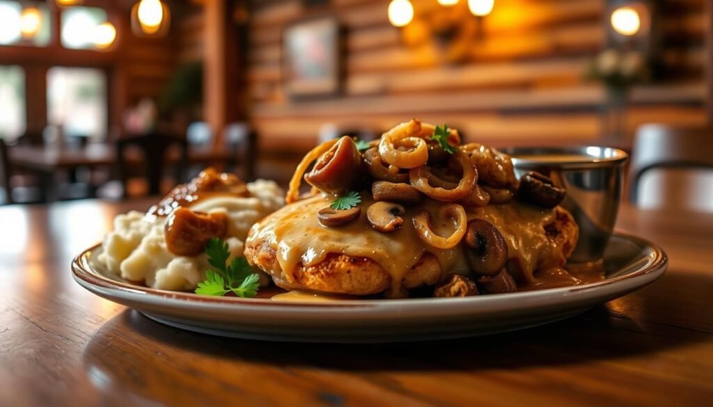 A beautifully plated serving of smothered chicken from Texas Roadhouse, featuring tender, juicy grilled chicken breast generously topped with a rich, savory blend of melted cheese, sautéed mushrooms, and crispy onions. In the foreground, a inviting wooden table showcases the dish, garnished with fresh parsley and accompanied by a side of creamy mashed potatoes and tangy gravy. The middle ground captures a rustic eatery ambiance with warm, dim lighting, enhancing the delectable textures and colors of the food. The background includes hints of log cabin-style decor, with blurred rustic wooden walls and hanging lanterns, creating a cozy and inviting atmosphere. The overall mood is one of comfort and indulgence, evoking a sense of warmth and satisfaction. Shot with a shallow depth of field to emphasize the dish while softly blurring the surroundings. A beautifully plated serving of smothered chicken from Texas Roadhouse, featuring tender, juicy grilled chicken breast generously topped with a rich, savory blend of melted cheese, sautéed mushrooms, and crispy onions. In the foreground, a inviting wooden table showcases the dish, garnished with fresh parsley and accompanied by a side of creamy mashed potatoes and tangy gravy. The middle ground captures a rustic eatery ambiance with warm, dim lighting, enhancing the delectable textures and colors of the food. The background includes hints of log cabin-style decor, with blurred rustic wooden walls and hanging lanterns, creating a cozy and inviting atmosphere. The overall mood is one of comfort and indulgence, evoking a sense of warmth and satisfaction. Shot with a shallow depth of field to emphasize the dish while softly blurring the surroundings.
