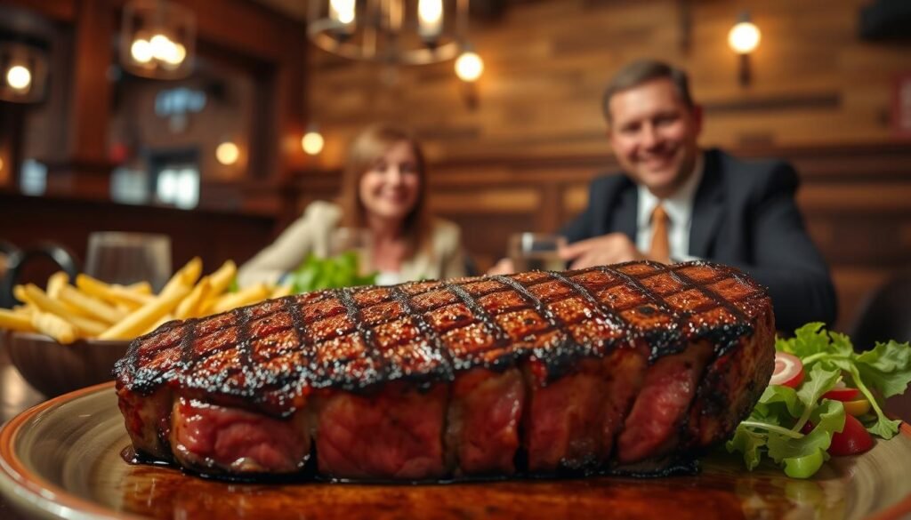 A beautifully plated steak, grilled to perfection, sits prominently in the foreground, showcasing its juicy, medium-rare interior and rich, charred exterior. Surrounding the steak are enticing side dishes like seasoned fries and a fresh garden salad, adding a burst of color. In the middle ground, a well-dressed couple is seated at a rustic wooden table, both smiling and enjoying their meal, dressed in smart casual attire. The background features the warm, inviting ambiance of a Texas Roadhouse interior, with cozy lighting from hanging fixtures and wooden decor that evokes a welcoming atmosphere. The image captures a lively dining scene, filled with soft, golden light that enhances the allure of the food. The overall mood is friendly and upbeat, perfect for a memorable dining experience.