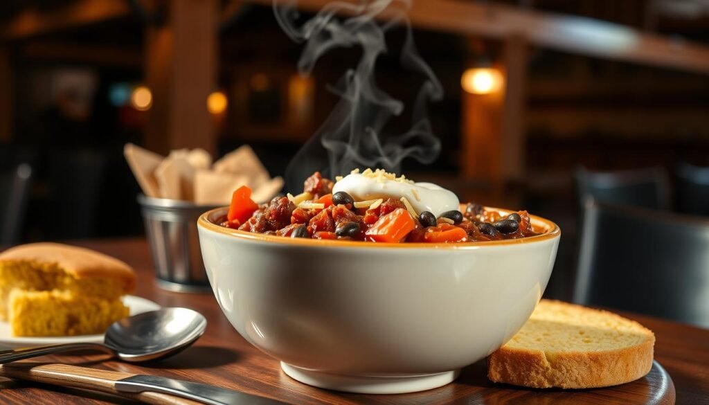 A beautifully presented bowl of Texas Roadhouse chili, showcasing rich, thick red chili with hearty chunks of beef, vibrant bell peppers, and black beans, garnished with a sprinkle of shredded cheese and a dollop of sour cream on top. The foreground features an attractive wooden table setting, with a rustic spoon and a loaf of freshly baked cornbread on the side. In the middle, the chili bowl is the star, subtly steam wafting up, invitingly warm. The background includes dimly lit hints of a cozy restaurant ambiance, with wooden beams and warm, soft lighting that create an inviting atmosphere. The lens captures the scene from a slightly elevated angle, emphasizing the textures and colors while ensuring a mouthwatering appeal, evoking comfort and satisfaction.