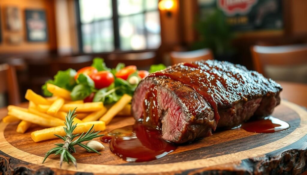 A beautifully presented sirloin cut steak, expertly cooked to a medium-rare perfection, resting on a rustic wooden platter. The steak glistens with a savory caramelized crust, highlighting its juicy texture. In the foreground, a few rosemary sprigs and garlic cloves accompanied by a drizzle of rich, homemade steak sauce enhance the scene. In the middle, a side of golden, crispy fries and a fresh garden salad with vibrant cherry tomatoes and leafy greens complement the dish. The background features a softly lit Texas Roadhouse interior with warm wooden accents and inviting ambiance. The image is captured in natural lighting, using a shallow depth of field to focus on the steak while softly blurring the background to create a cozy, appetizing atmosphere.