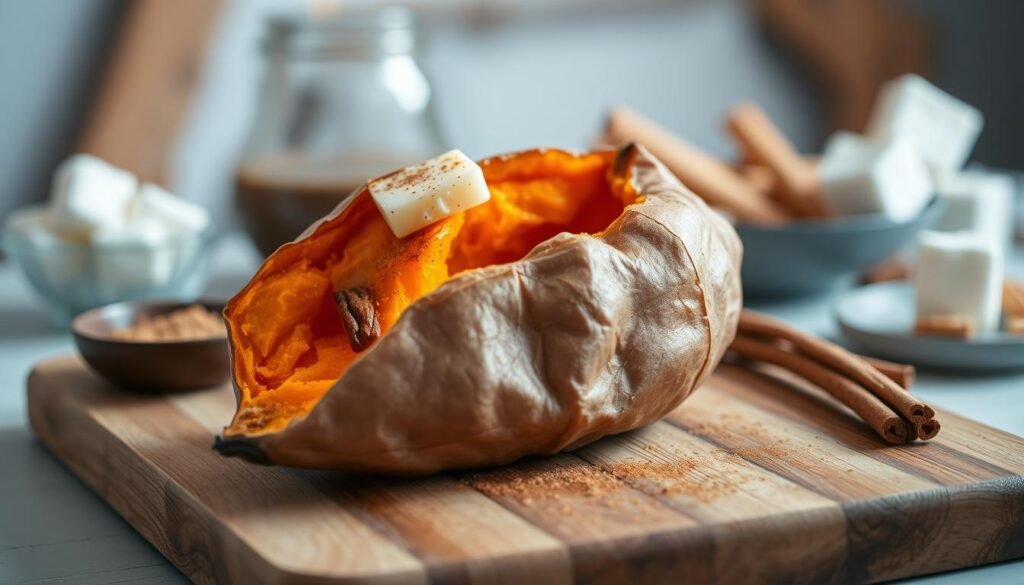 A beautifully roasted sweet potato, split open to reveal its vibrant orange flesh, topped with a pat of melting butter and a sprinkle of cinnamon. The foreground features the sweet potato on a rustic wooden cutting board, with a small dish of brown sugar and a few cinnamon sticks nearby. In the middle ground, soft lighting casts a warm, inviting glow, emphasizing the natural textures of the sweet potato. The background features a softly blurred kitchen setting, with hints of ingredients like marshmallows and pecans subtly out of focus, suggesting a comforting cooking atmosphere. The overall mood is cozy and homely, evoking the warmth of a family meal. The image captures the essence of a perfectly baked sweet potato, showcasing its delicious appeal.