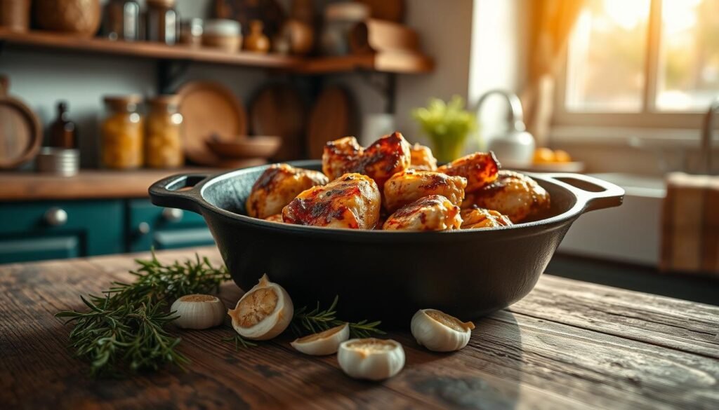 A beautifully seasoned cast iron skillet sits proudly on a rustic wooden table, illuminated by warm, natural light from a nearby window. The skillet is filled with perfectly seared, golden-brown chicken pieces, their crispy skin glistening. Surrounding the skillet is a scattering of fresh herbs, such as rosemary and thyme, along with sliced garlic cloves, adding a touch of freshness. In the background, there are hints of a cozy kitchen setting with shelves filled with vintage cooking utensils and jars. The scene is captured with a shallow depth of field, focusing sharply on the skillet while softly blurring the background, creating an inviting atmosphere of home-cooked comfort. The overall mood is warm, inviting, and evokes a sense of culinary mastery. A beautifully seasoned cast iron skillet sits proudly on a rustic wooden table, illuminated by warm, natural light from a nearby window. The skillet is filled with perfectly seared, golden-brown chicken pieces, their crispy skin glistening. Surrounding the skillet is a scattering of fresh herbs, such as rosemary and thyme, along with sliced garlic cloves, adding a touch of freshness. In the background, there are hints of a cozy kitchen setting with shelves filled with vintage cooking utensils and jars. The scene is captured with a shallow depth of field, focusing sharply on the skillet while softly blurring the background, creating an inviting atmosphere of home-cooked comfort. The overall mood is warm, inviting, and evokes a sense of culinary mastery.