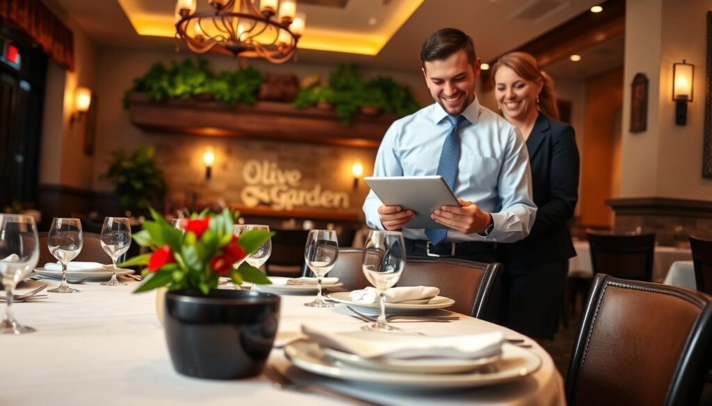 A beautifully set dining table in the foreground, featuring elegant plates, silverware, and a small centerpiece, set for a large group, conveying the anticipation of a special event. In the middle ground, a professional-looking restaurant staff member, dressed in crisp business attire, is smiling as they check a reservation book or tablet for availability, indicating a focus on efficient service. The background shows a warm, inviting Olive Garden restaurant ambiance, with soft, ambient lighting creating a cozy atmosphere, and rustic decor that reflects the Italian theme. The image captures a sense of interaction between staff and patrons, emphasizing the importance of managing large group dining. The angle is slightly elevated to showcase both the table and the staff member, blending professionalism with a hospitable feel.