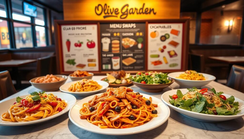 A beautifully styled Olive Garden table showcasing a creative array of menu swaps. In the foreground, an assortment of vibrant, customizable pasta dishes and fresh garden salads, artfully arranged on elegant plates. The middle ground features a thoughtfully designed menu board highlighting various options, with colorful illustrations of interchangeable ingredients and dishes. The background captures a warm and inviting Olive Garden setting, with soft, ambient lighting that enhances the welcoming atmosphere. The angle of the scene is slightly overhead, emphasizing the delicious spreads and the concept of culinary personalization. The mood is warm and inviting, embodying the spirit of home-cooked Italian meals made for modern diners.