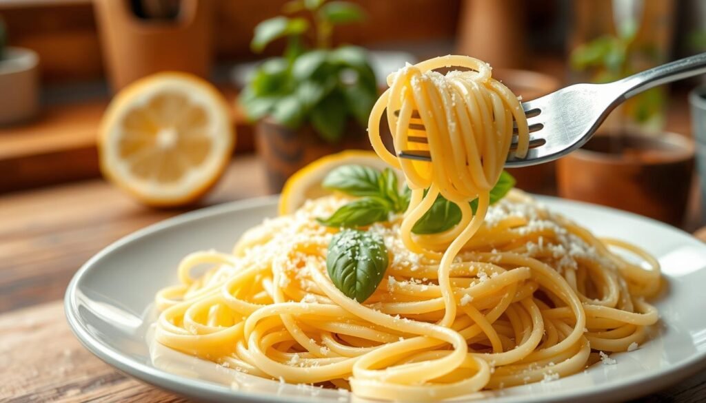 A beautifully styled plate of angel hair pasta, elegantly twirled and topped with a drizzle of olive oil and a sprinkle of freshly grated Parmesan cheese. The pasta should appear light and airy, featuring a glossy texture that reflects the soft, warm light. In the foreground, place a fork poised to twirl the pasta, with strands delicately hanging down. In the middle ground, include a few fresh basil leaves for a pop of green and a slice of lemon, adding a touch of color and zestiness. The background should softly blur to reveal a cozy kitchen ambiance, with wooden countertops and herbs in pots, evoking a warm, inviting atmosphere. Use natural, diffused lighting to enhance the freshness and vibrancy of the ingredients, capturing the essence of preparing the perfect pasta base.