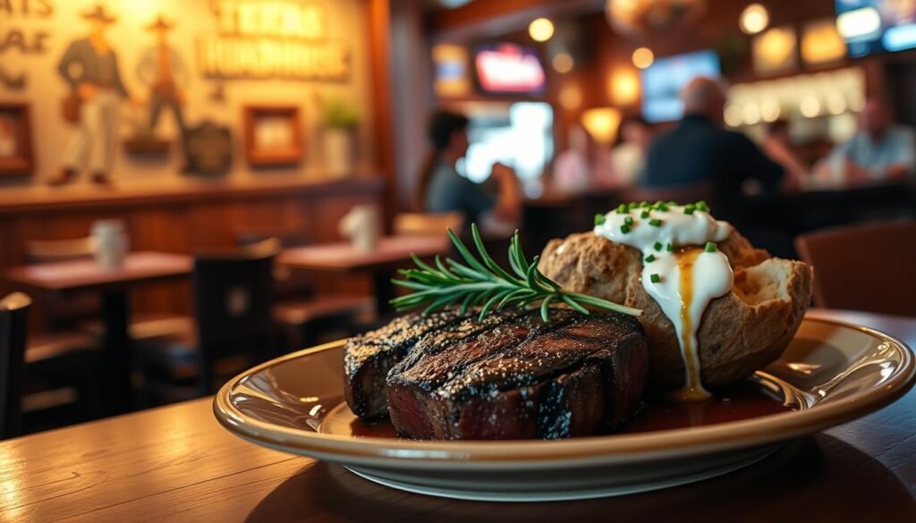 A beautifully styled plate of filet medallions is the centerpiece, garnished with a sprig of rosemary and served with a side of loaded baked potato drizzled with sour cream and chives. In the foreground, a wooden table enhances the rustic vibe typical of Texas Roadhouse, with warm lighting casting a golden glow on the food. The middle section features a subtle glimpse of a vibrant Texas Roadhouse ambiance, including the charming decor of cowboys and rustic elements in soft focus. In the background, a softly lit bar area is visible, with patrons enjoying their meals. The atmosphere is warm and inviting, evoking a sense of hearty comfort and culinary delight, perfect for enhancing a steak dinner experience.
