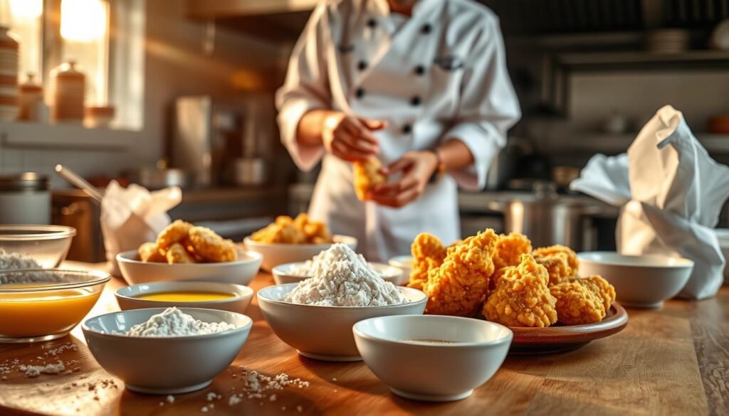 A bright and inviting breading station featuring crispy chicken fritta in a bustling kitchen environment. In the foreground, a wooden table is adorned with bowls of seasoned flour, beaten eggs, and breadcrumbs, meticulously organized for breading chicken pieces. Light streams in from a nearby window, creating a warm, golden glow that highlights the textures of the chicken and ingredients. In the middle, a chef in a white apron and a professional chef's jacket is skillfully breading chicken, focused on the task with precision. The background showcases a well-equipped kitchen with pots, pans, and an oven, evoking a lively cooking atmosphere. Capture the moment with a slightly angled lens to emphasize the action and depth, conveying an energetic yet controlled ambiance of culinary mastery.