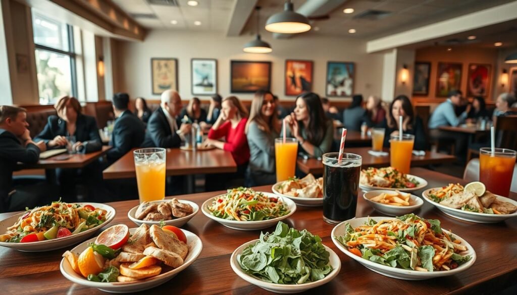 A bright and inviting lunch scene at Applebee's during typical lunch hours. In the foreground, a polished wooden table displays an appetizing spread of lunch plates featuring vibrant salads, sandwiches, and colorful drinks. The middle ground shows a diverse group of customers in professional business attire enjoying their meals, engaged in lively conversation, with the warmth of camaraderie visible on their faces. In the background, the interior of the restaurant is decorated with cheerful artwork, soft lighting, and welcoming booths. The ambiance is lively yet relaxed, capturing the essence of a busy lunch hour. Soft natural light streams through the windows, enhancing the inviting atmosphere. The angle captures both the table's details and the bustling environment, creating a friendly and dynamic scene. A bright and inviting lunch scene at Applebee's during typical lunch hours. In the foreground, a polished wooden table displays an appetizing spread of lunch plates featuring vibrant salads, sandwiches, and colorful drinks. The middle ground shows a diverse group of customers in professional business attire enjoying their meals, engaged in lively conversation, with the warmth of camaraderie visible on their faces. In the background, the interior of the restaurant is decorated with cheerful artwork, soft lighting, and welcoming booths. The ambiance is lively yet relaxed, capturing the essence of a busy lunch hour. Soft natural light streams through the windows, enhancing the inviting atmosphere. The angle captures both the table's details and the bustling environment, creating a friendly and dynamic scene.